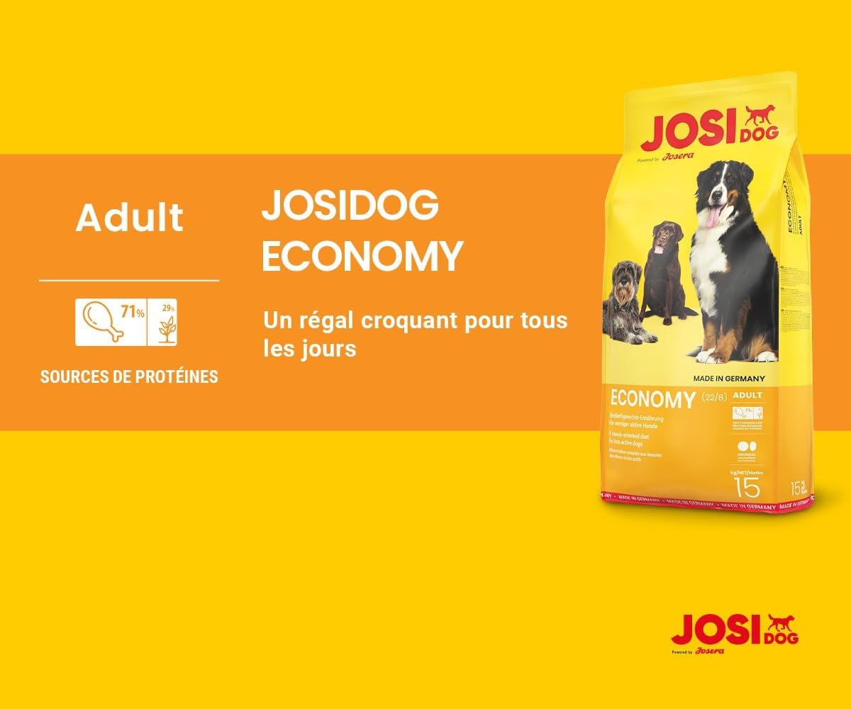 JosiDog Economy (1 x 15 kg) | Adulte | Croquettes Premium pour Chiens Adultes Moins Actifs | Riche en protéines animales | Powered by JOSERA | Nourriture pour Chiens | 1 pièce