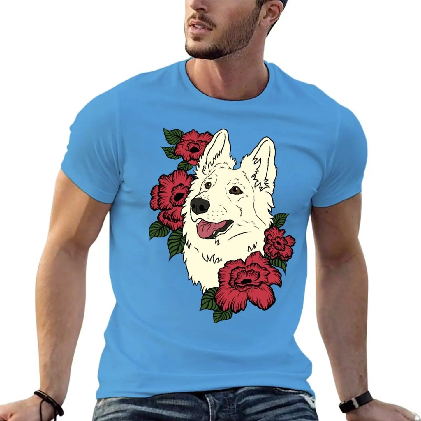 👕 T-shirt Berger Blanc Suisse avec Fleurs Rouges – Style Élégant et Décontracté 🐾🌹