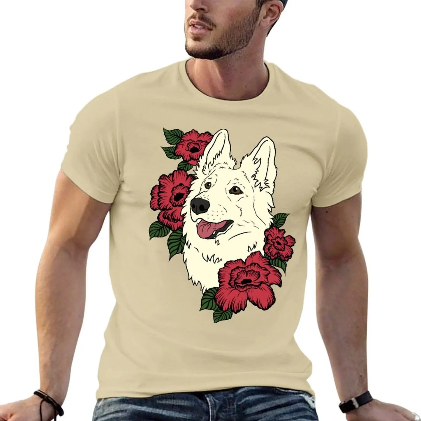 👕 T-shirt Berger Blanc Suisse avec Fleurs Rouges – Style Élégant et Décontracté 🐾🌹