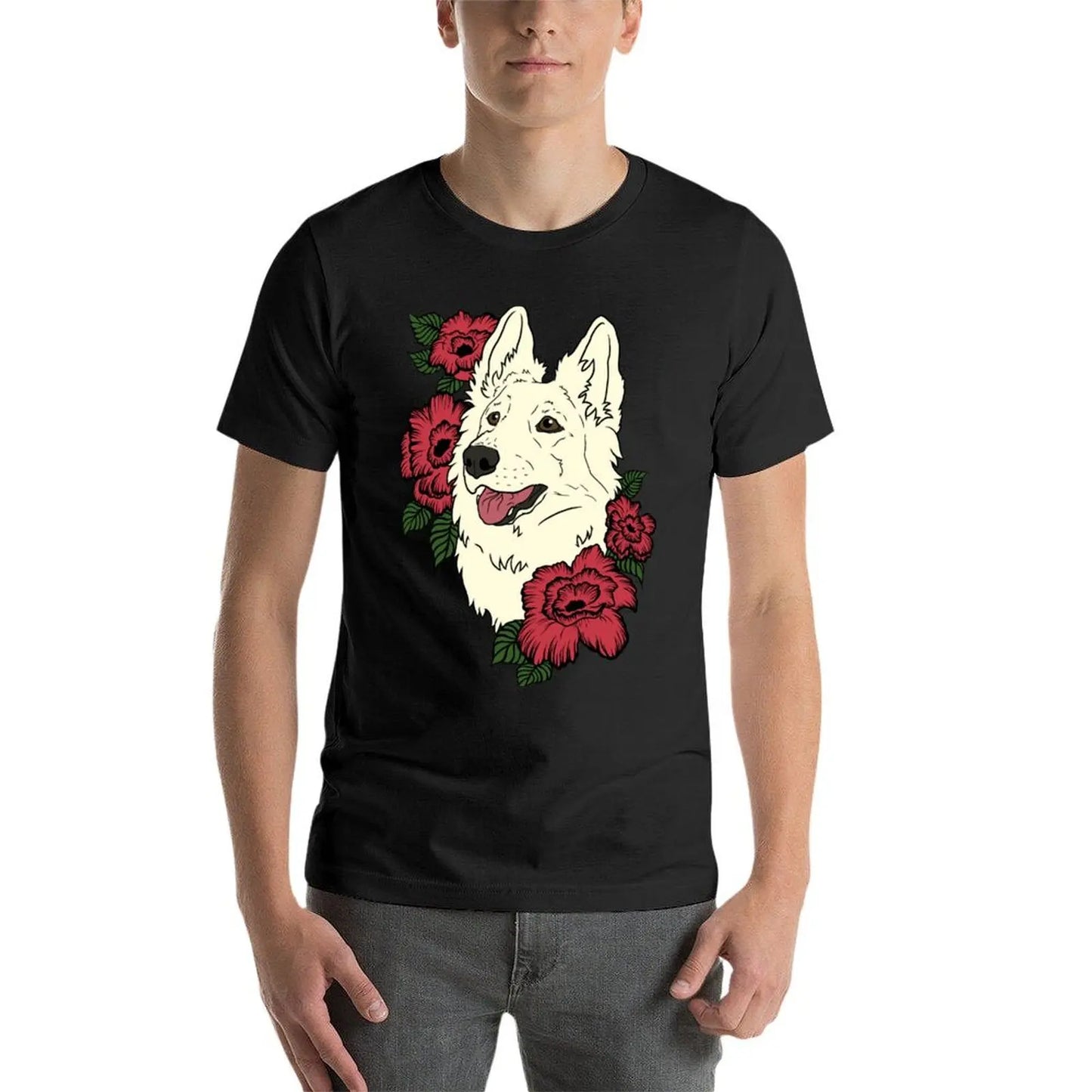 👕 T-shirt Berger Blanc Suisse avec Fleurs Rouges – Style Élégant et Décontracté 🐾🌹