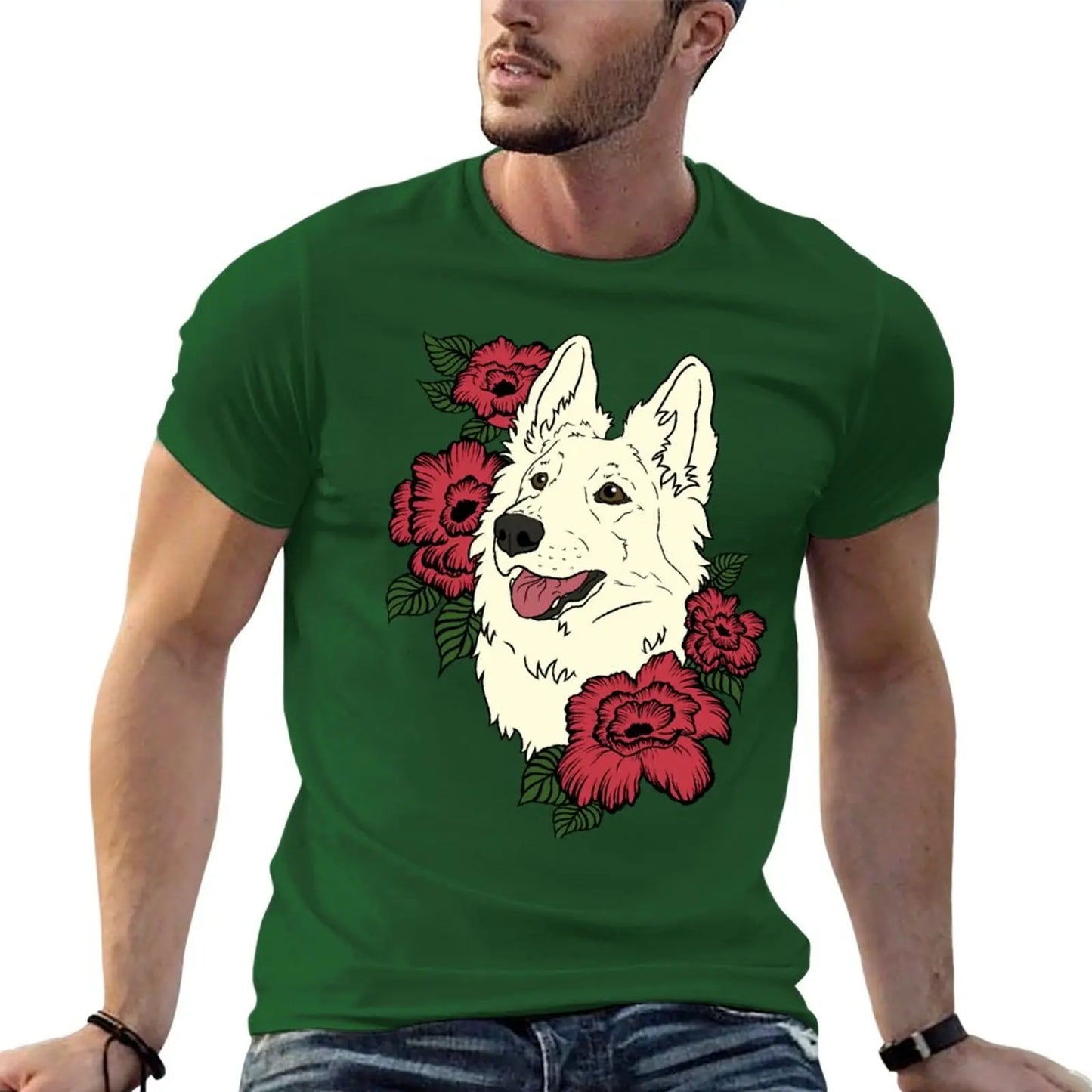 👕 T-shirt Berger Blanc Suisse avec Fleurs Rouges – Style Élégant et Décontracté 🐾🌹