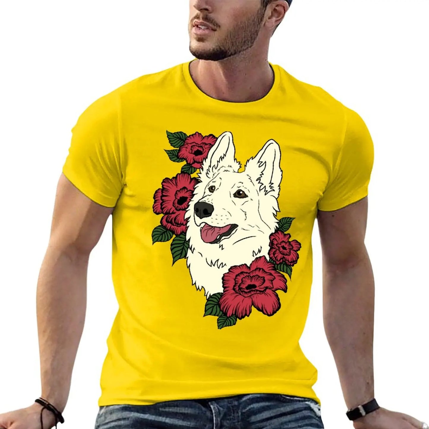 👕 T-shirt Berger Blanc Suisse avec Fleurs Rouges – Style Élégant et Décontracté 🐾🌹