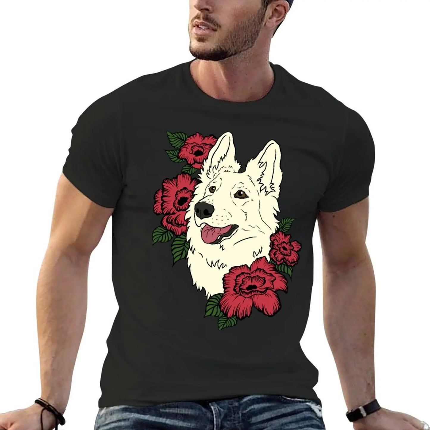 👕 T-shirt Berger Blanc Suisse avec Fleurs Rouges – Style Élégant et Décontracté 🐾🌹