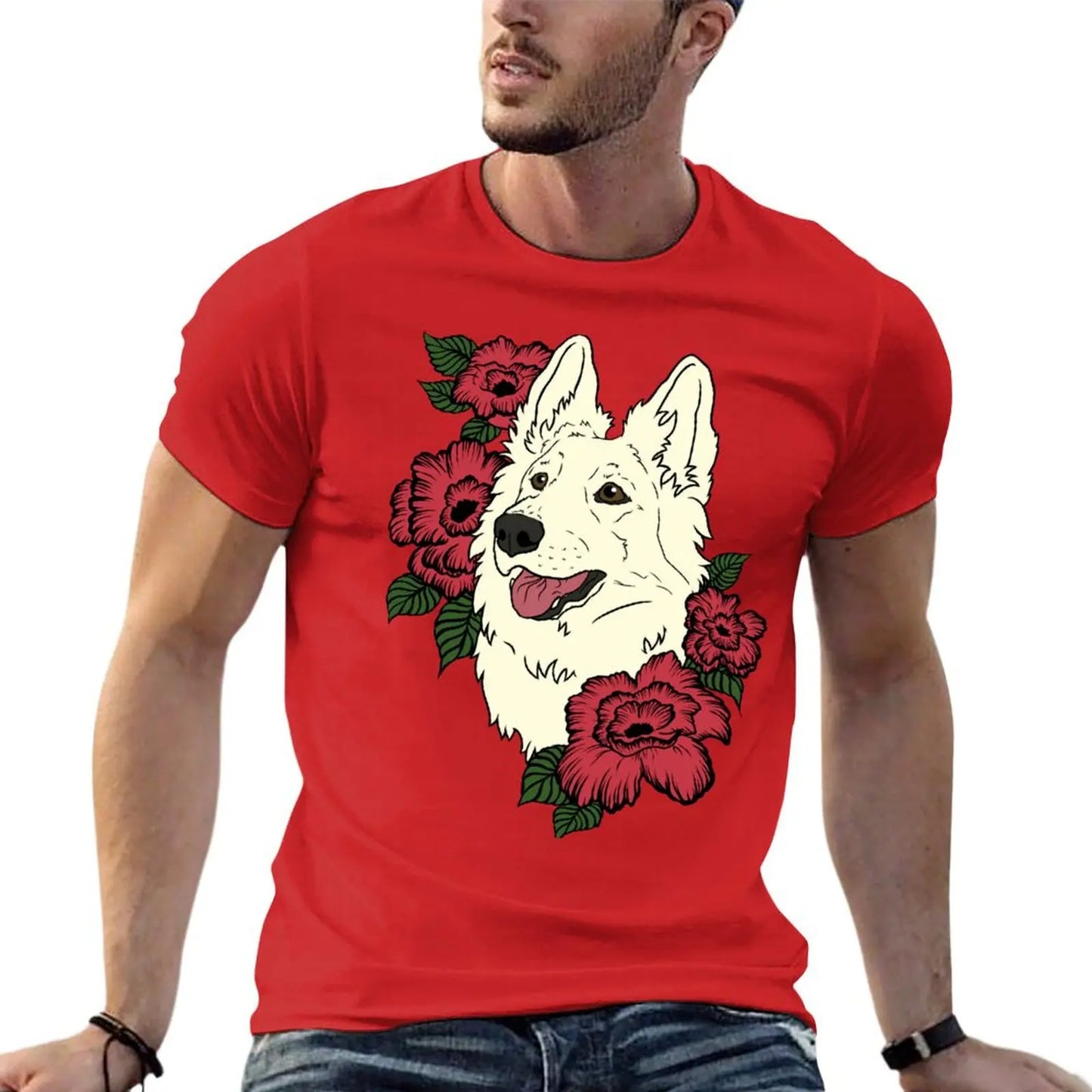 👕 T-shirt Berger Blanc Suisse avec Fleurs Rouges – Style Élégant et Décontracté 🐾🌹