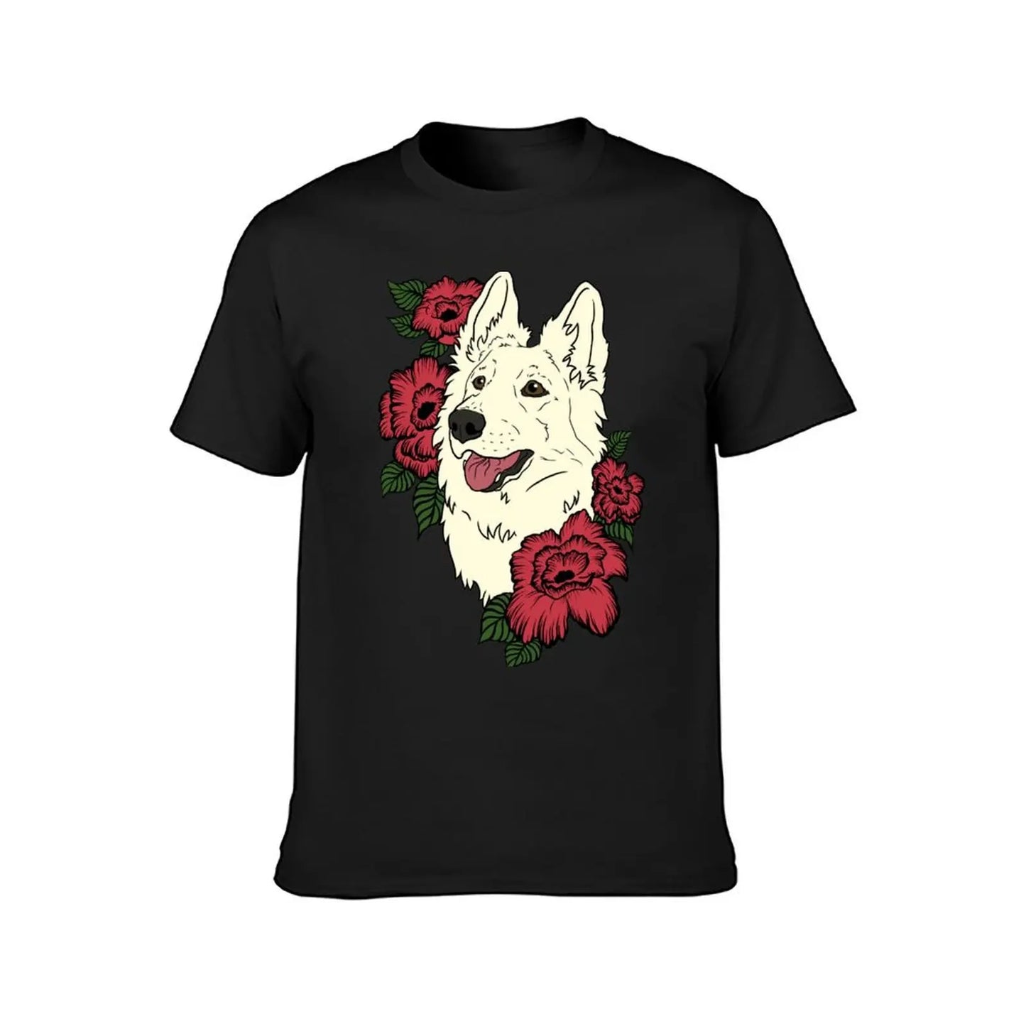 👕 T-shirt Berger Blanc Suisse avec Fleurs Rouges – Style Élégant et Décontracté 🐾🌹