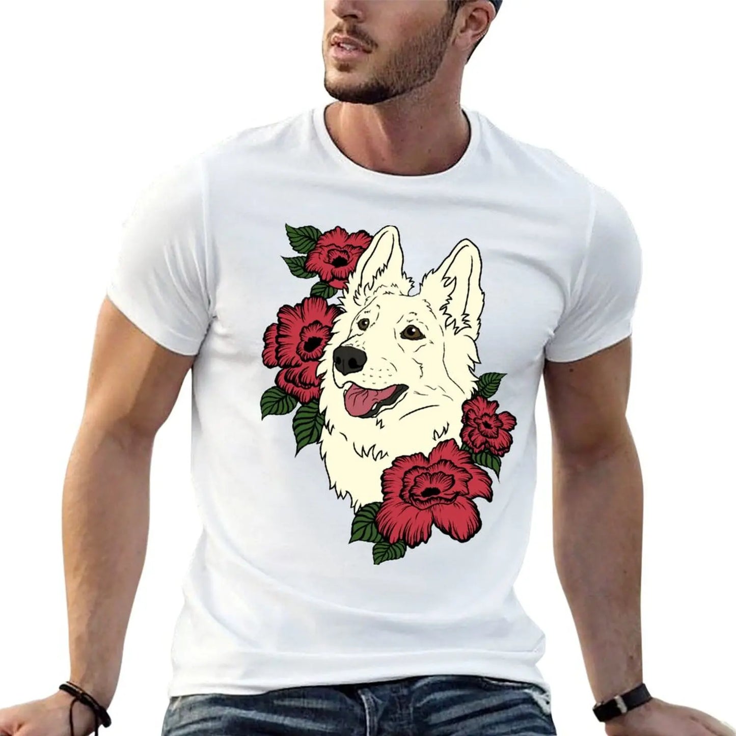 👕 T-shirt Berger Blanc Suisse avec Fleurs Rouges – Style Élégant et Décontracté 🐾🌹