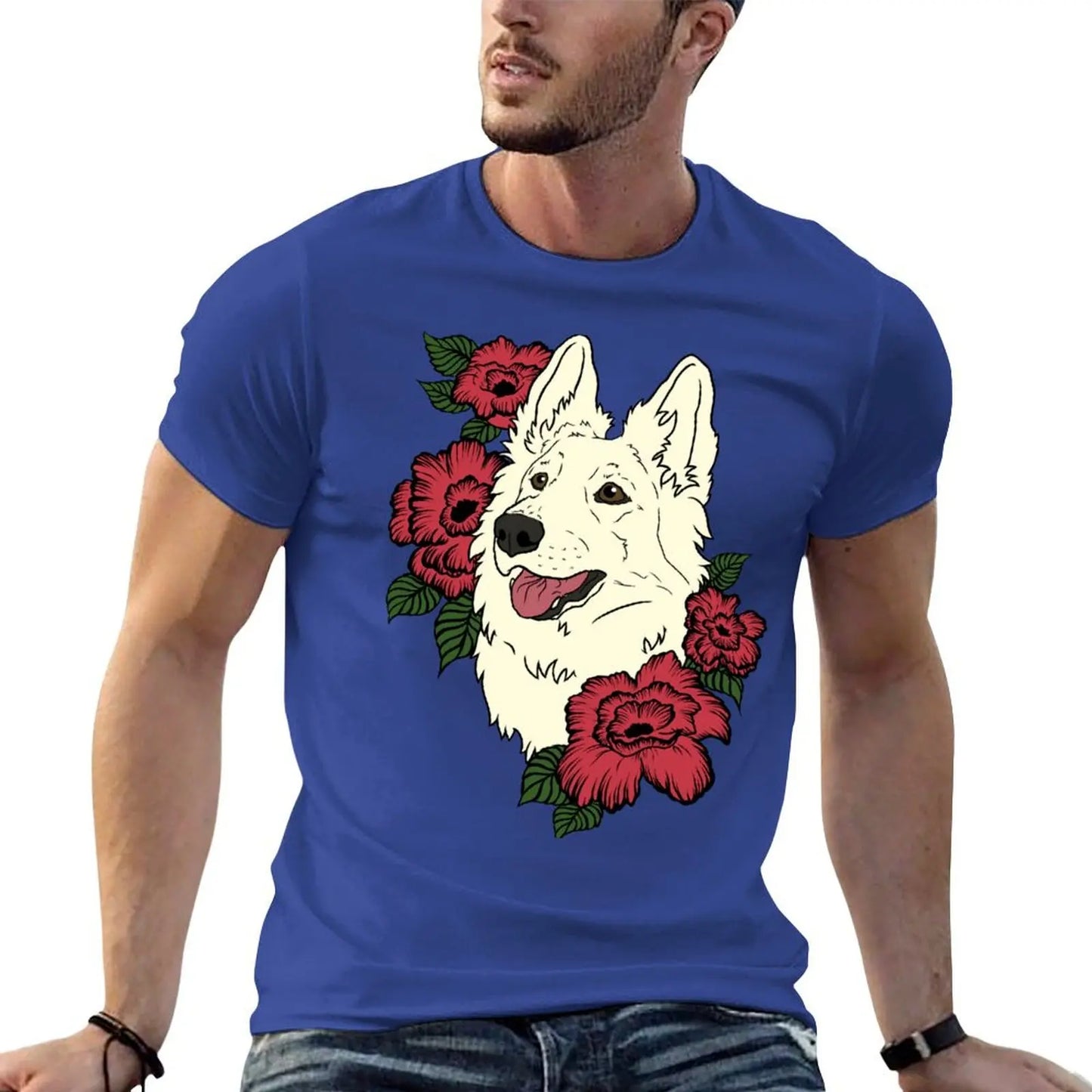 👕 T-shirt Berger Blanc Suisse avec Fleurs Rouges – Style Élégant et Décontracté 🐾🌹