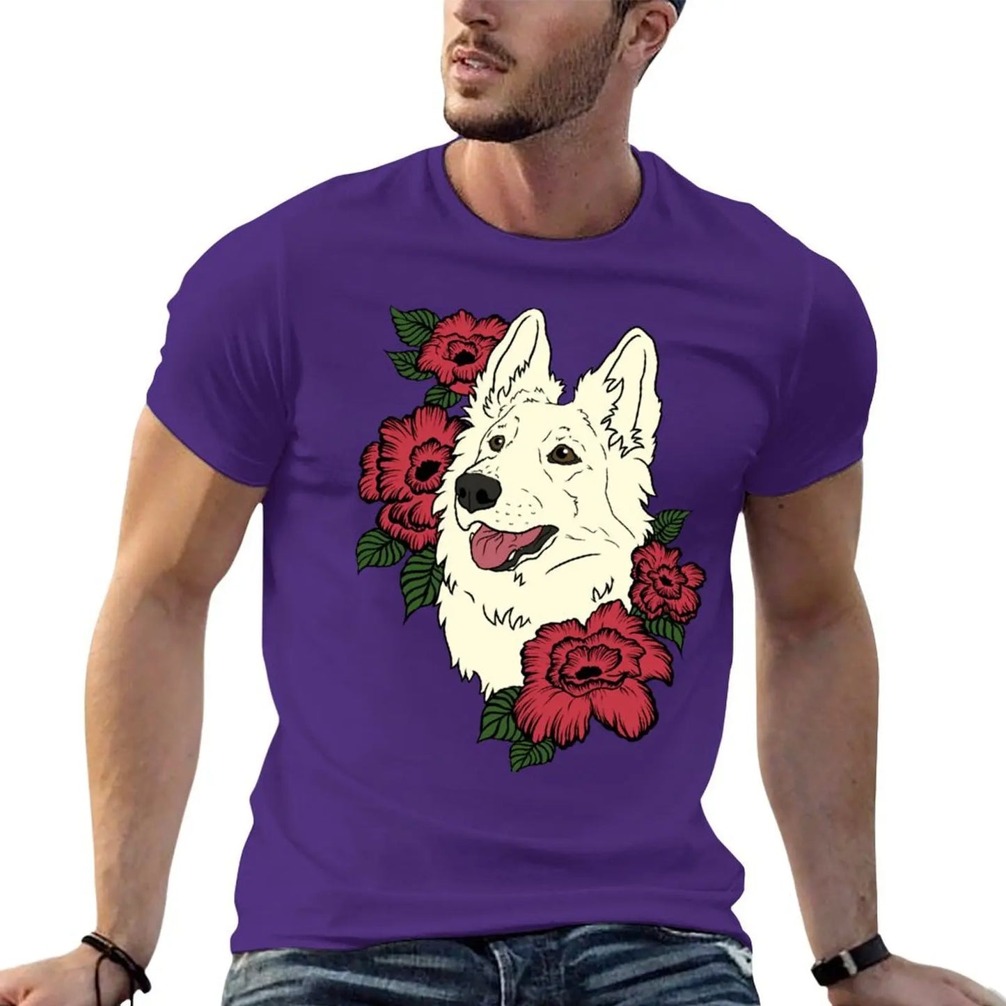 👕 T-shirt Berger Blanc Suisse avec Fleurs Rouges – Style Élégant et Décontracté 🐾🌹