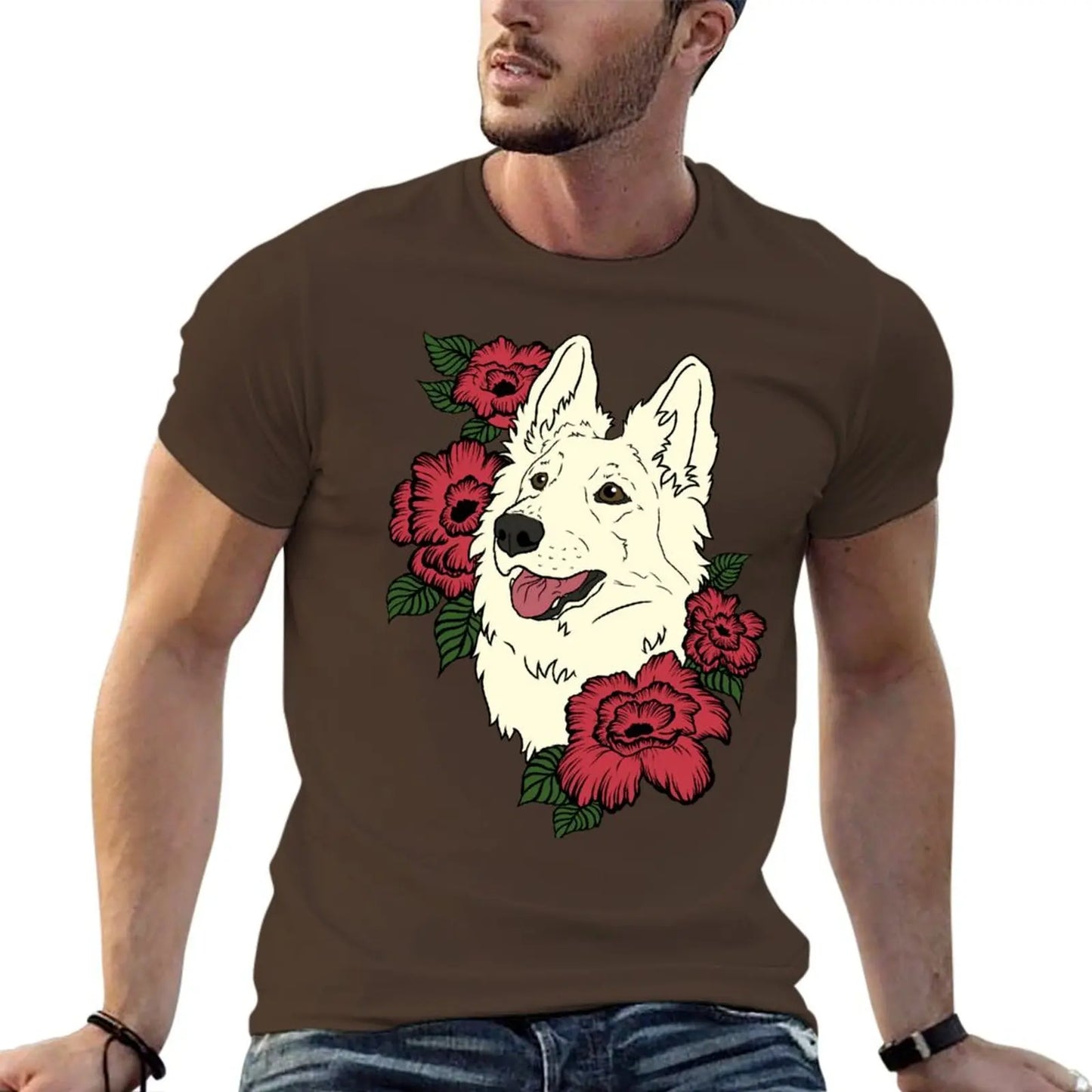 👕 T-shirt Berger Blanc Suisse avec Fleurs Rouges – Style Élégant et Décontracté 🐾🌹